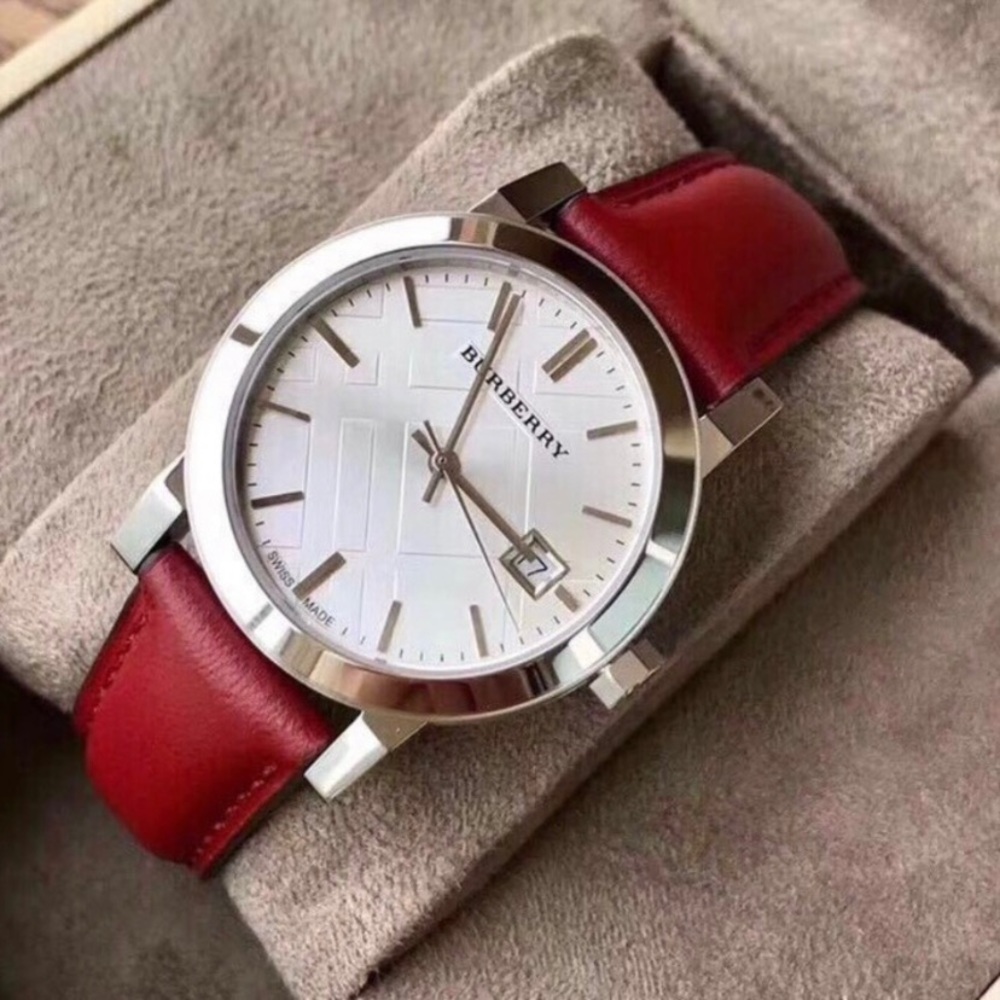 🆕 Authentic Burberry watch with silver case and red genuine leather strap!